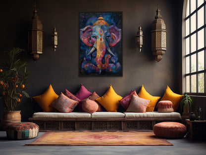 Colorful Modern Lord Ganesha Framed Canvas Wall Art