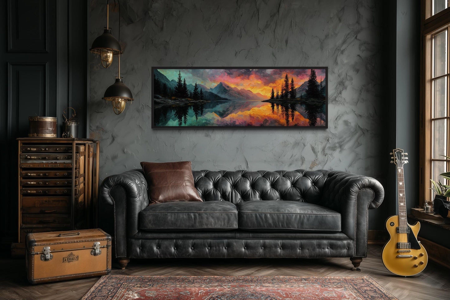 Colorful Mountain Sunset Lake Forest Reflection Long Narrow Wall Art