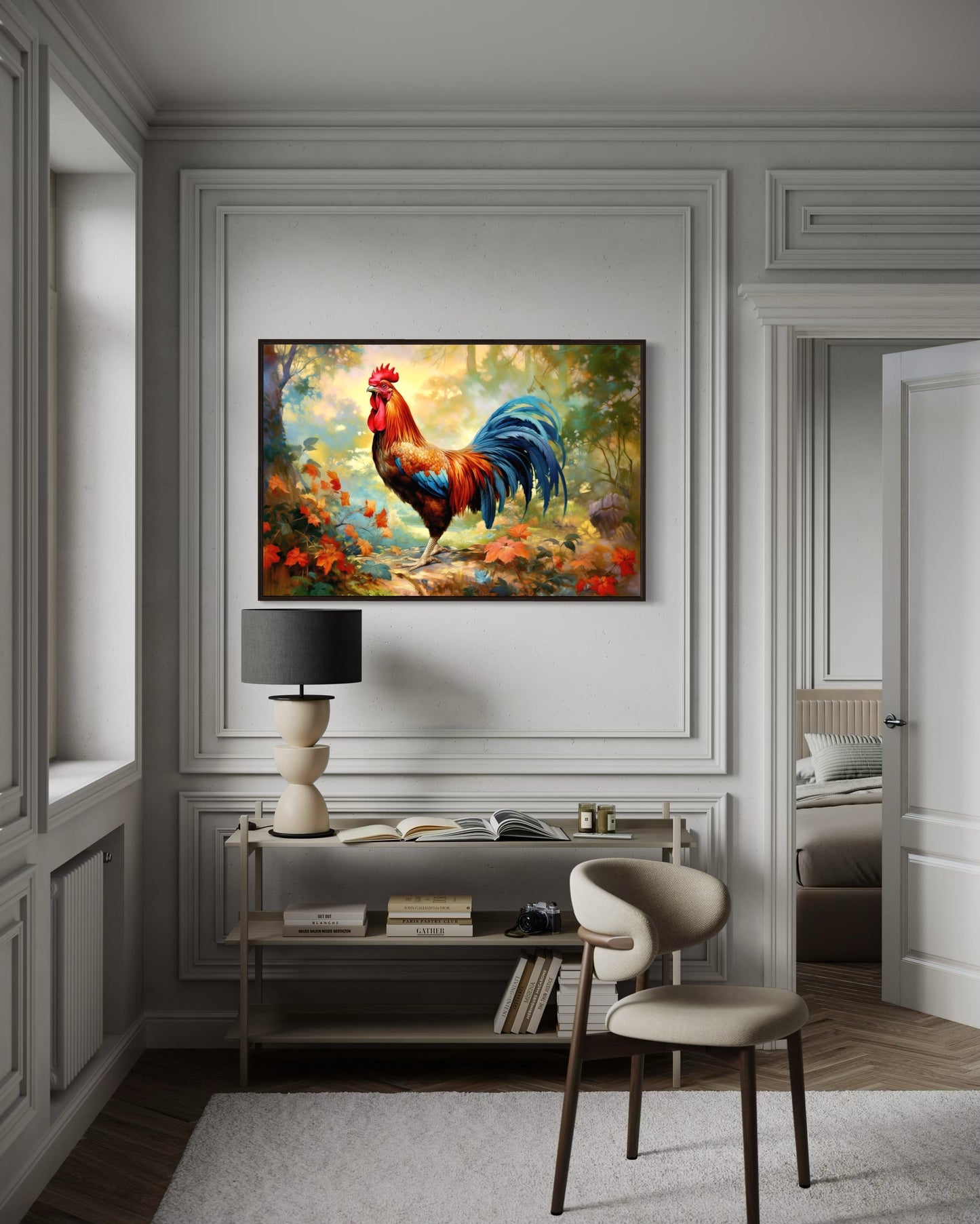 Colorful Rooster Painting Framed Farmhouse Canvas Wall Art