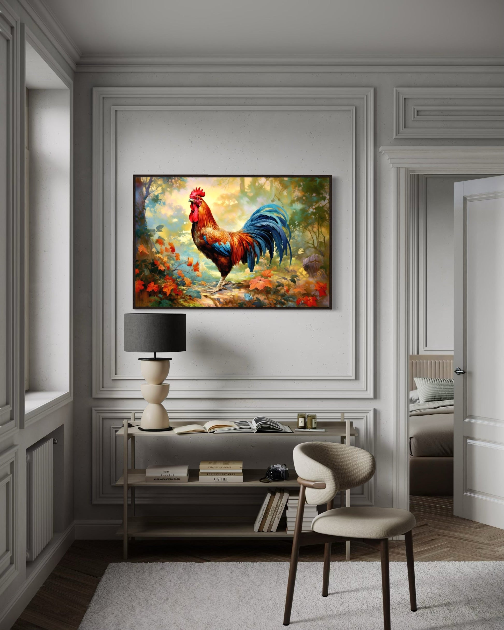Colorful Rooster Painting Framed Farmhouse Canvas Wall Art