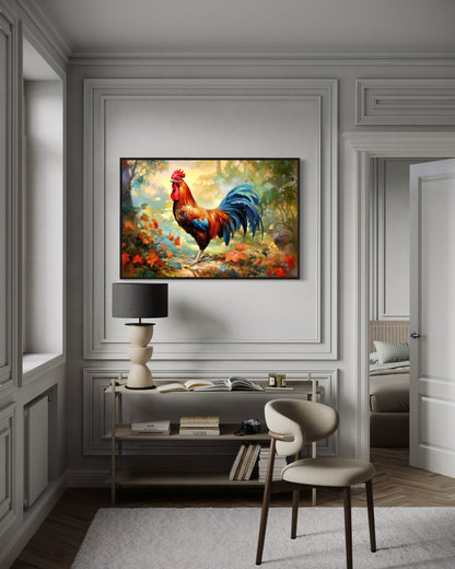 Colorful Rooster Painting Framed Farmhouse Canvas Wall Art