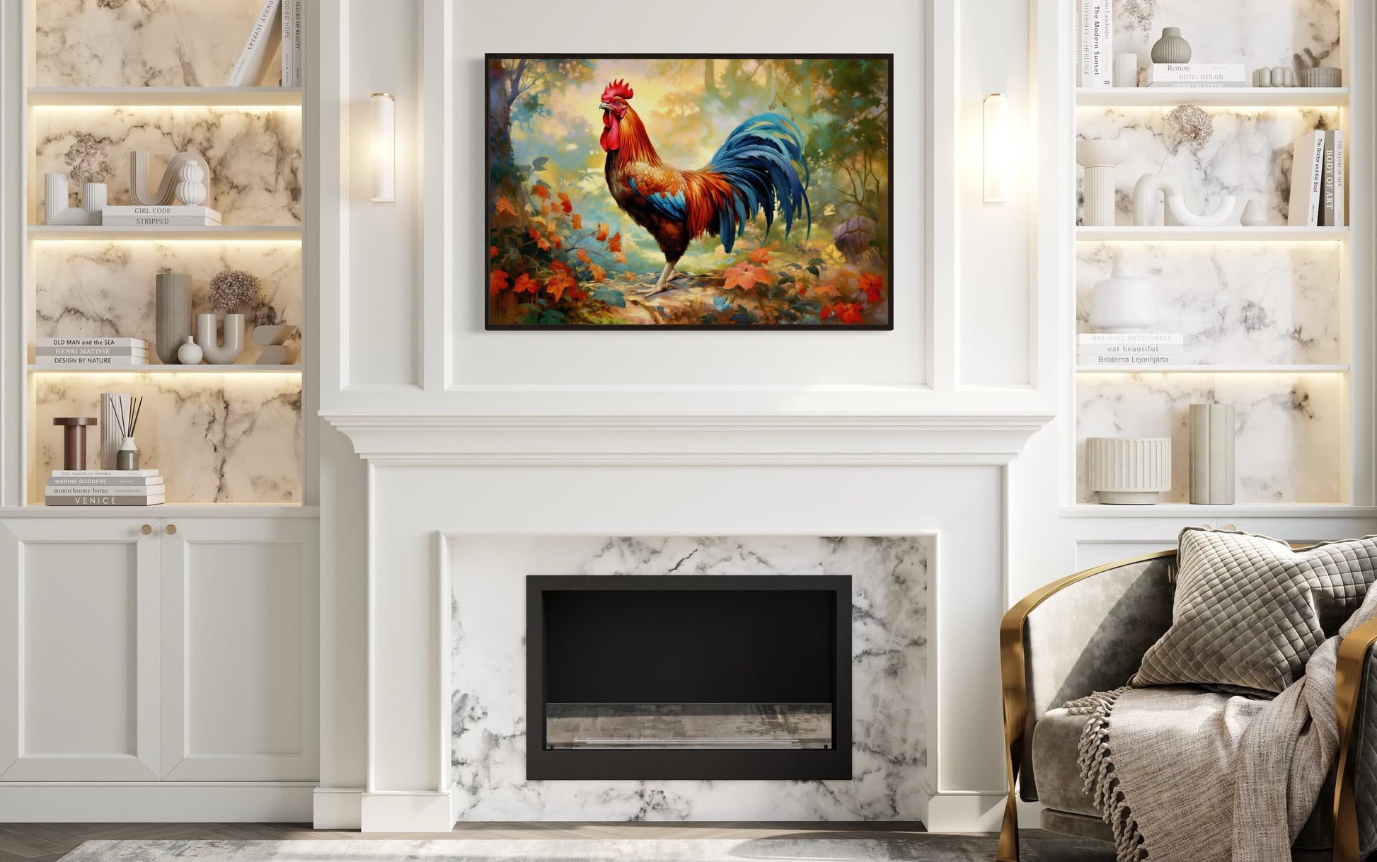 Colorful Rooster Painting Framed Farmhouse Canvas Wall Art