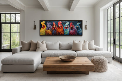 Colorful Roosters And Chickens Horizontal Farmhouse Kitchen Wall Art