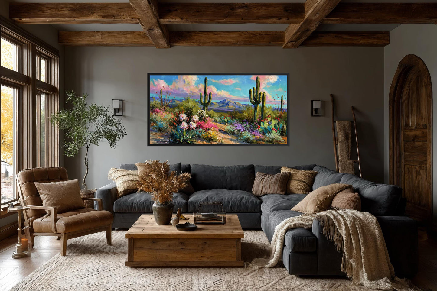 Colorful Saguaro Cactus And Wildflower Desert Canvas Wall Art