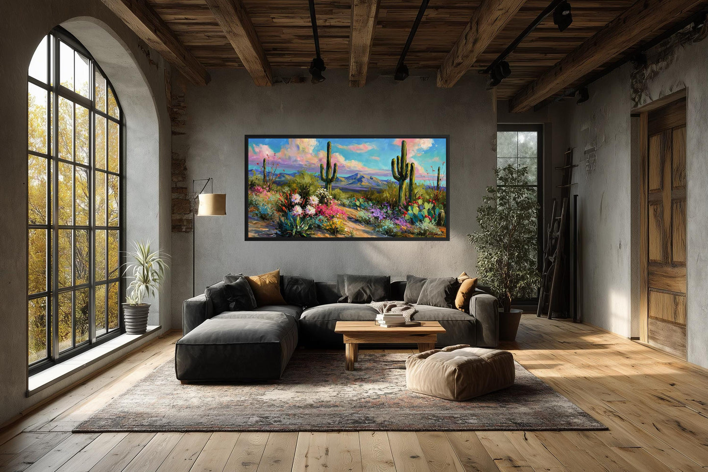 Colorful Saguaro Cactus And Wildflower Desert Canvas Wall Art