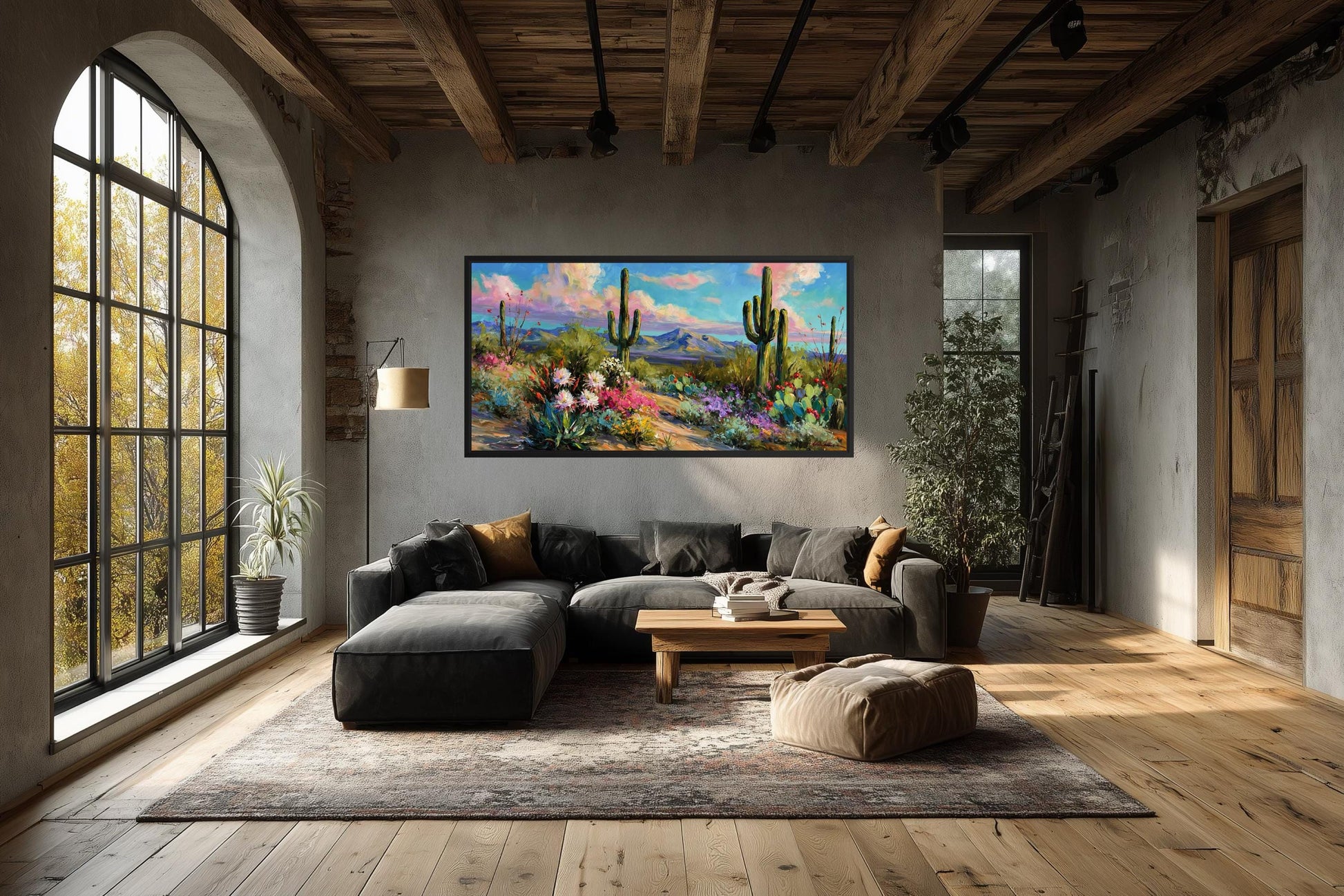 Colorful Saguaro Cactus And Wildflower Desert Canvas Wall Art