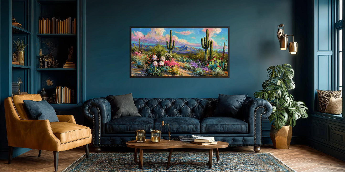 Colorful Saguaro Cactus And Wildflower Desert Canvas Wall Art