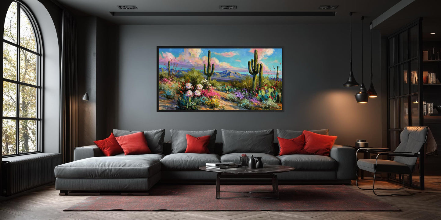 Colorful Saguaro Cactus And Wildflower Desert Canvas Wall Art