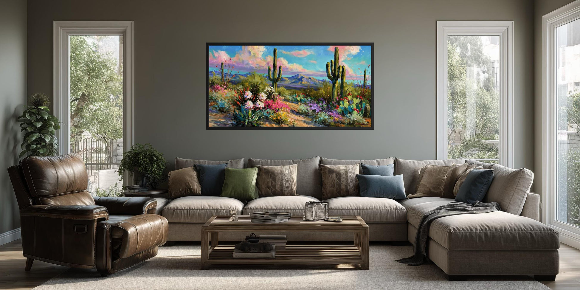 Colorful Saguaro Cactus And Wildflower Desert Canvas Wall Art