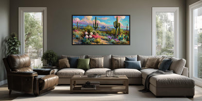 Colorful Saguaro Cactus And Wildflower Desert Canvas Wall Art