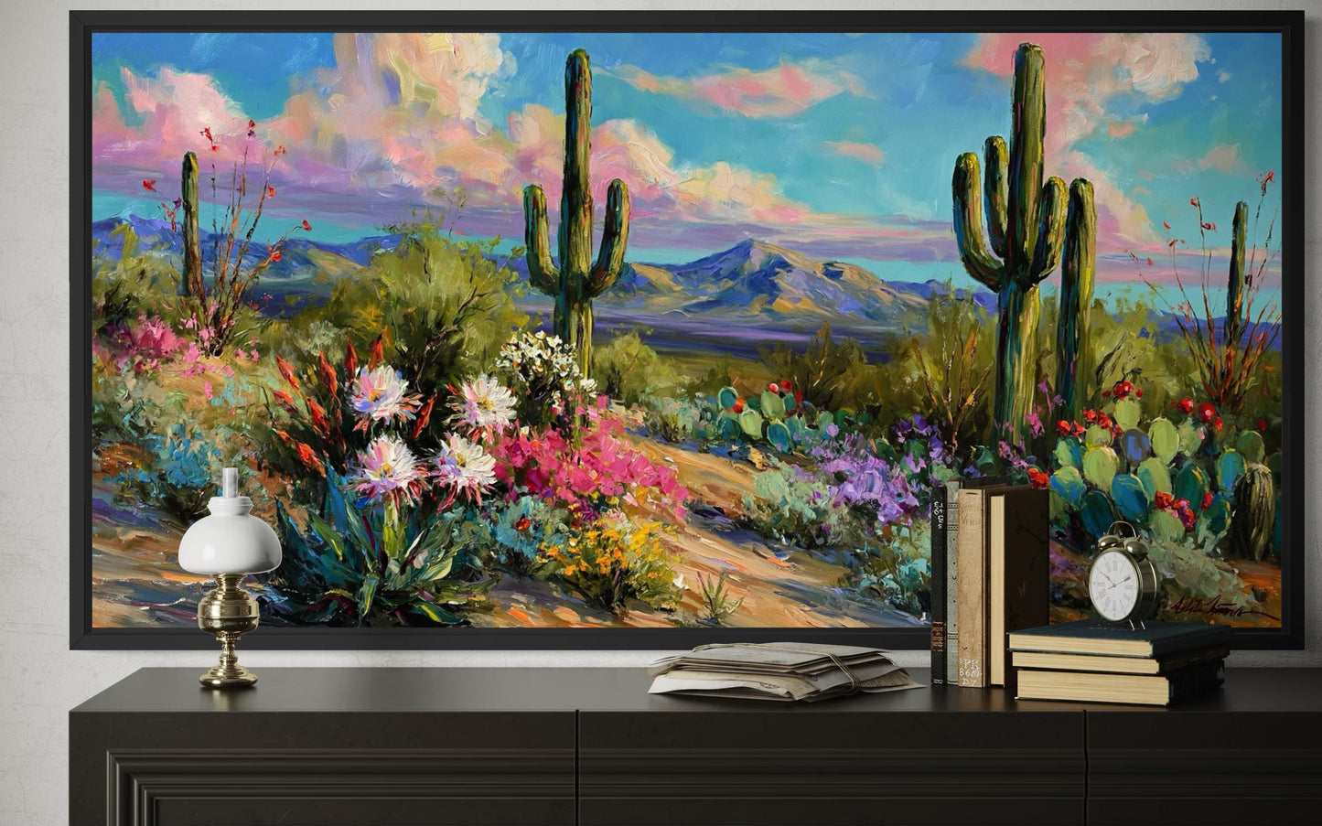Colorful Saguaro Cactus And Wildflower Desert Canvas Wall Art
