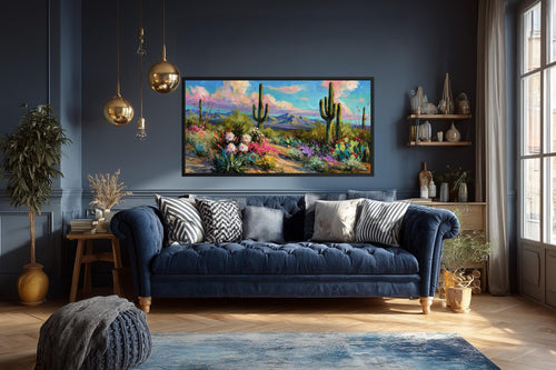 Colorful Saguaro Cactus And Wildflower Desert Canvas Wall Art