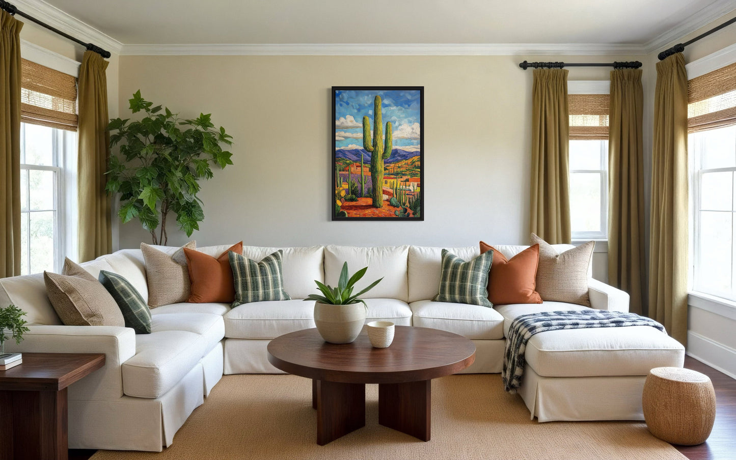 Colorful Saguaro Cactus Traditional Mexican Framed Canvas Wall Art
