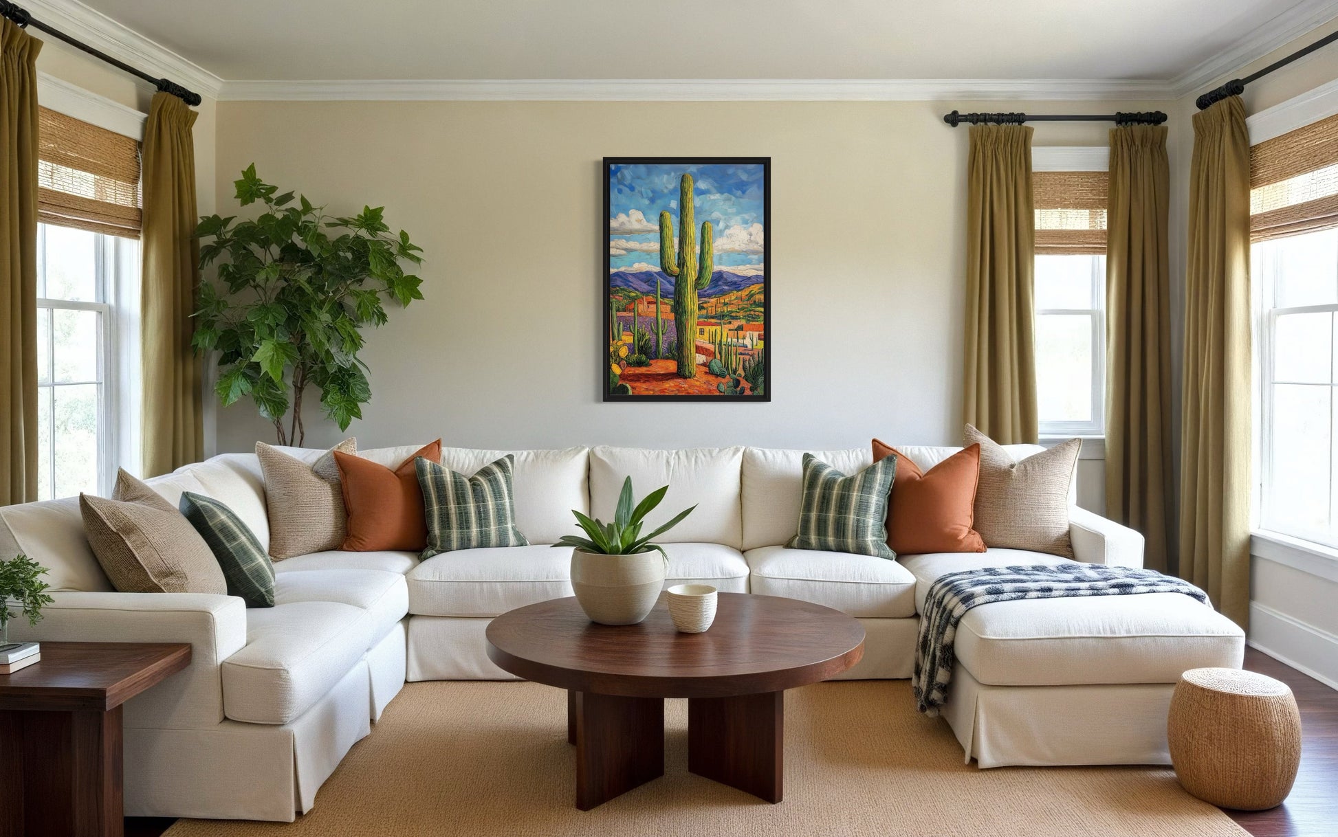 Colorful Saguaro Cactus Traditional Mexican Framed Canvas Wall Art
