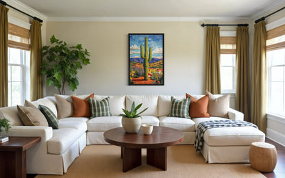Colorful Saguaro Cactus Traditional Mexican Framed Canvas Wall Art
