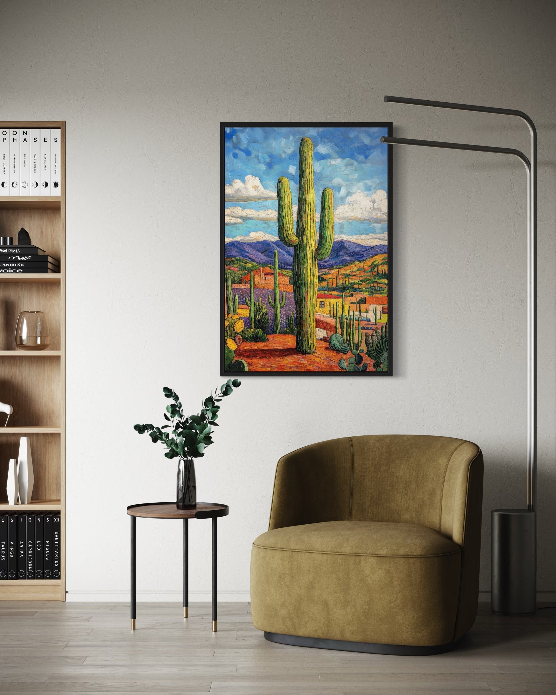 Colorful Saguaro Cactus Traditional Mexican Framed Canvas Wall Art