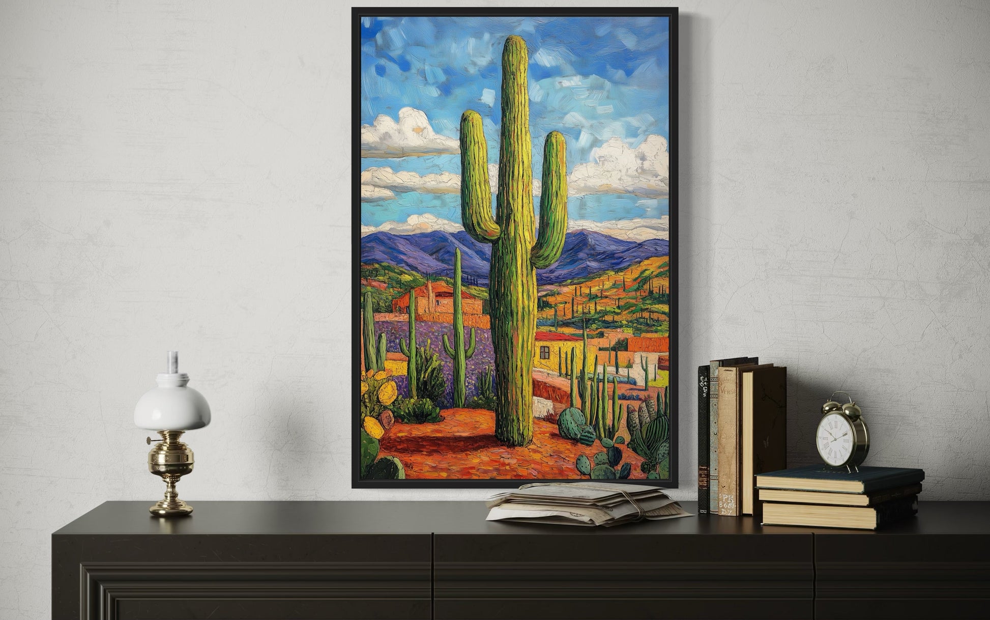 Colorful Saguaro Cactus Traditional Mexican Framed Canvas Wall Art
