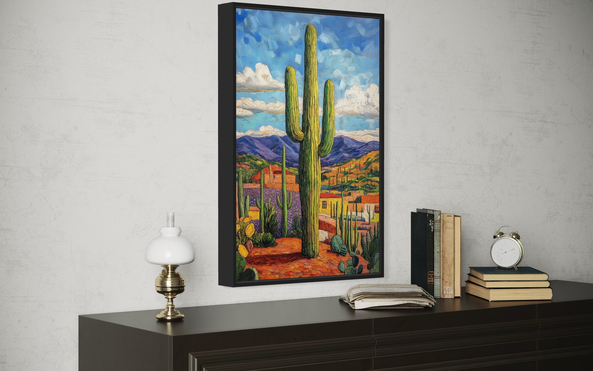 Colorful Saguaro Cactus Traditional Mexican Framed Canvas Wall Art