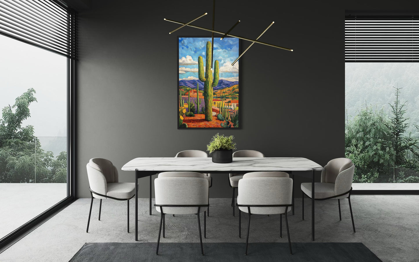 Colorful Saguaro Cactus Traditional Mexican Framed Canvas Wall Art