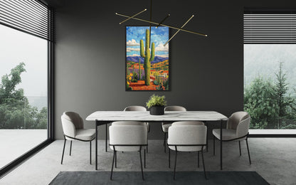 Colorful Saguaro Cactus Traditional Mexican Framed Canvas Wall Art