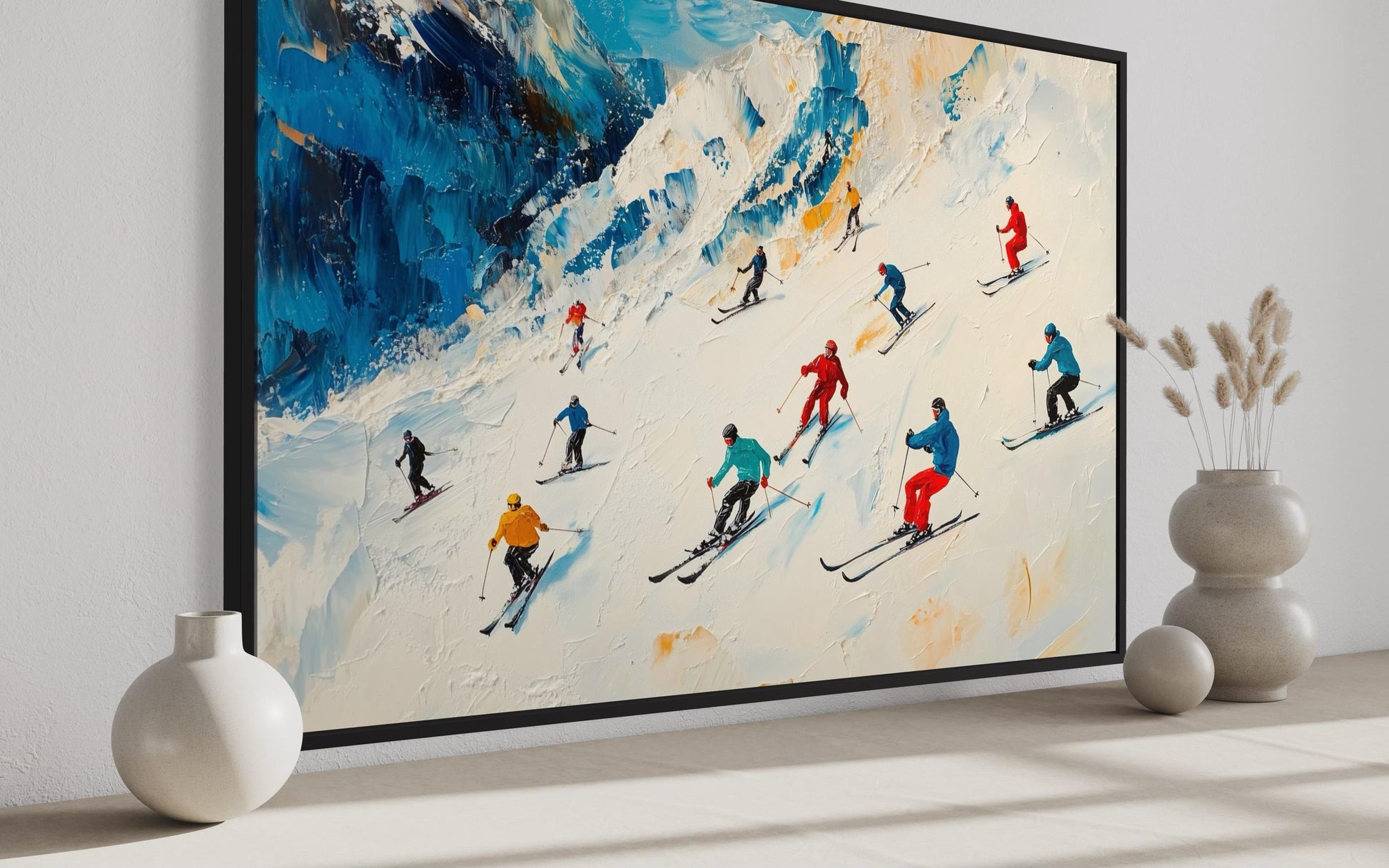 Colorful Skiers on Mountain Slope Framed Canvas Wall Art