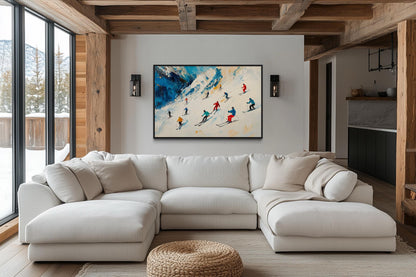 Colorful Skiers on Mountain Slope Framed Canvas Wall Art