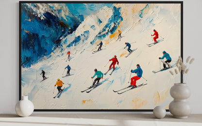 Colorful Skiers on Mountain Slope Framed Canvas Wall Art