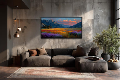 Colorful Sunset Mountain Wildflower Field Landscape Canvas Wall Art