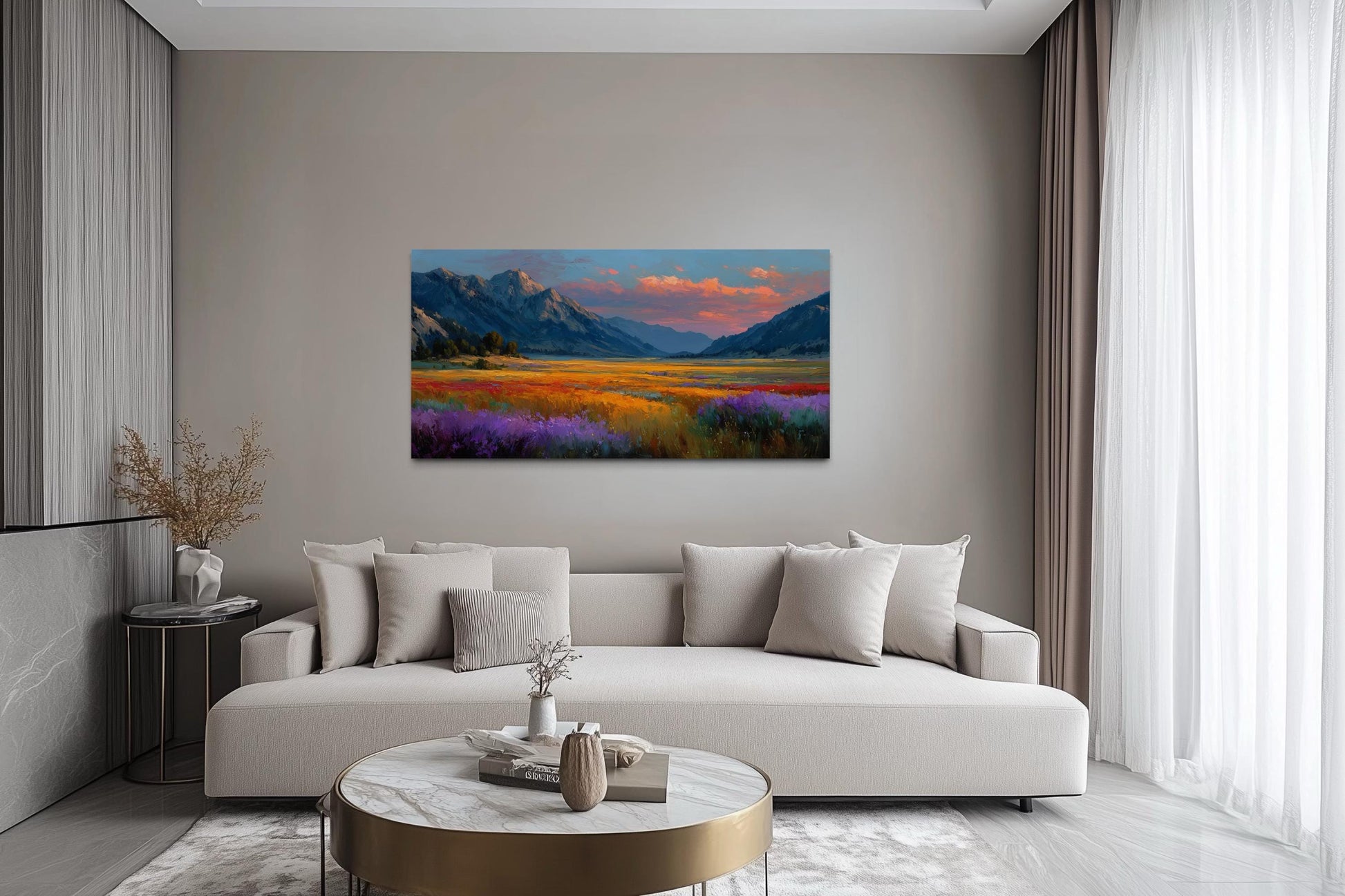 Colorful Sunset Mountain Wildflower Field Landscape Canvas Wall Art