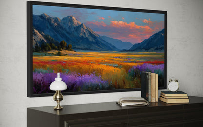 Colorful Sunset Mountain Wildflower Field Landscape Canvas Wall Art