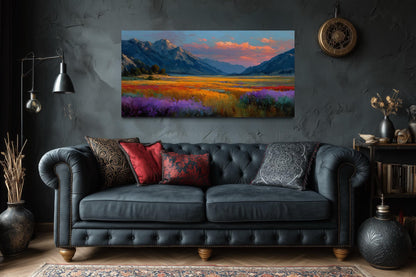 Colorful Sunset Mountain Wildflower Field Landscape Canvas Wall Art