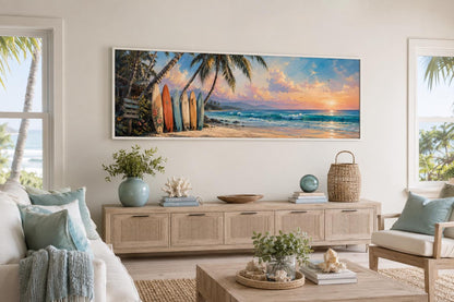 Colorful Surfboards on Beach at Sunset Tropical Horizontal Canvas Wall art
