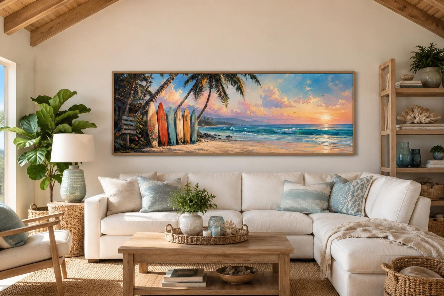 Colorful Surfboards on Beach at Sunset Tropical Horizontal Canvas Wall art