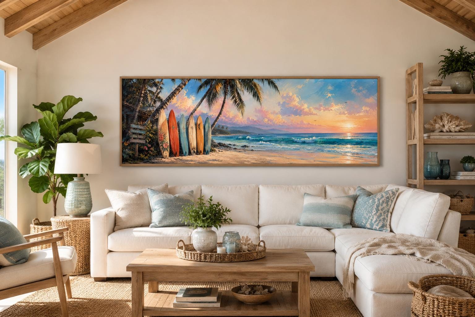 Colorful Surfboards on Beach at Sunset Tropical Horizontal Canvas Wall art