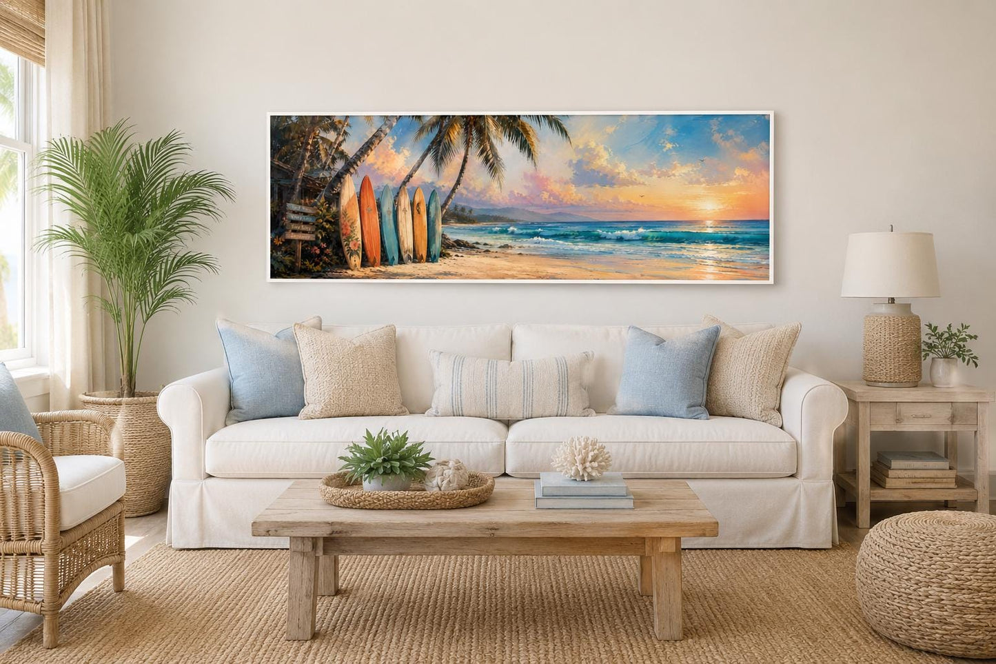 Colorful Surfboards on Beach at Sunset Tropical Horizontal Canvas Wall art