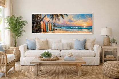 Colorful Surfboards on Beach at Sunset Tropical Horizontal Canvas Wall art