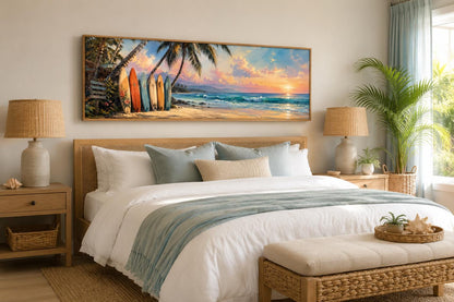Colorful Surfboards on Beach at Sunset Tropical Horizontal Canvas Wall art