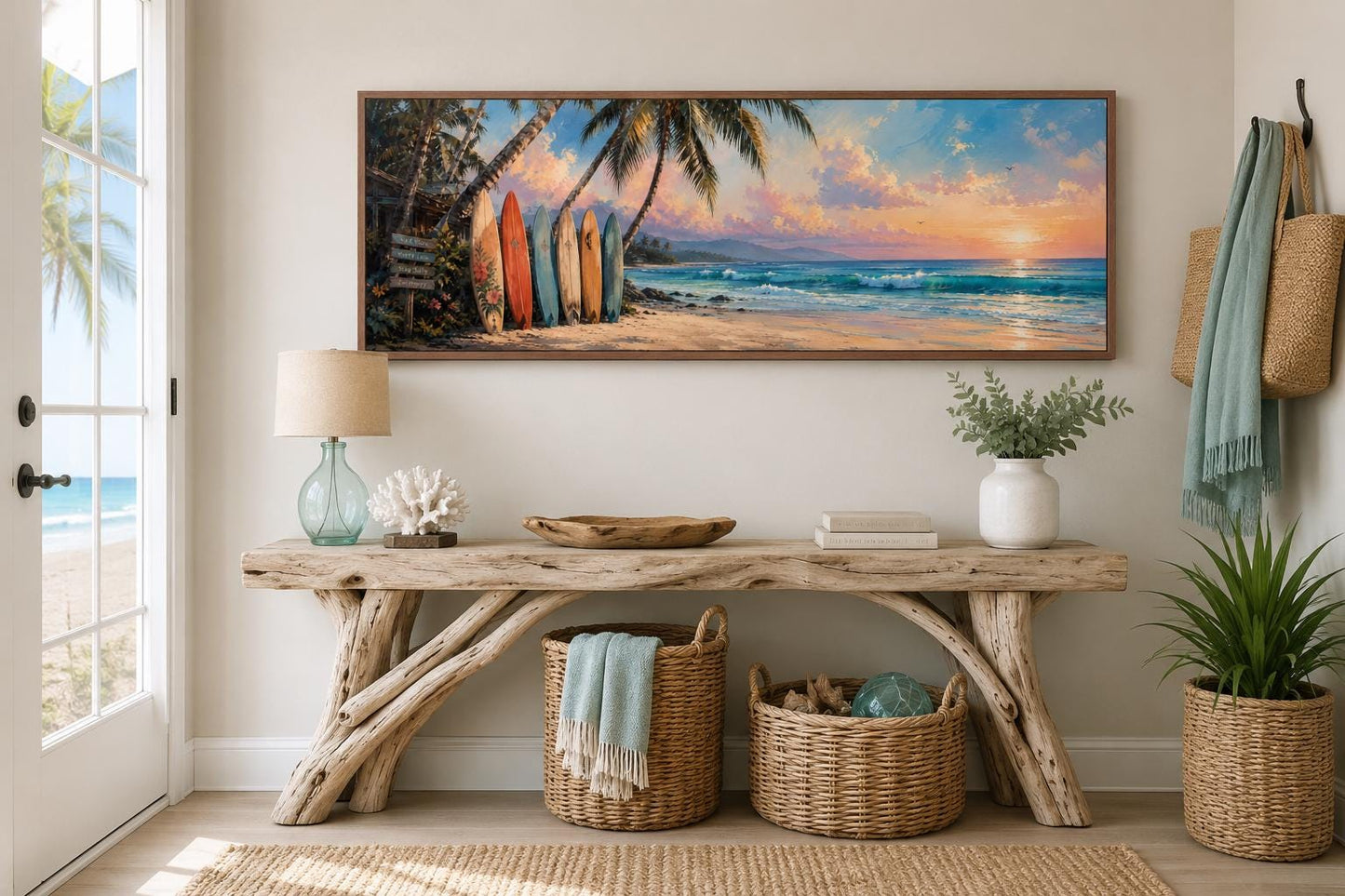 Colorful Surfboards on Beach at Sunset Tropical Horizontal Canvas Wall art
