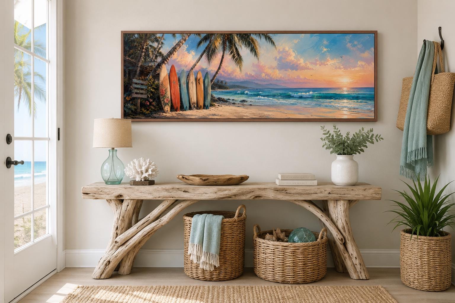 Colorful Surfboards on Beach at Sunset Tropical Horizontal Canvas Wall art