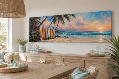 Colorful Surfboards on Beach at Sunset Tropical Horizontal Canvas Wall art