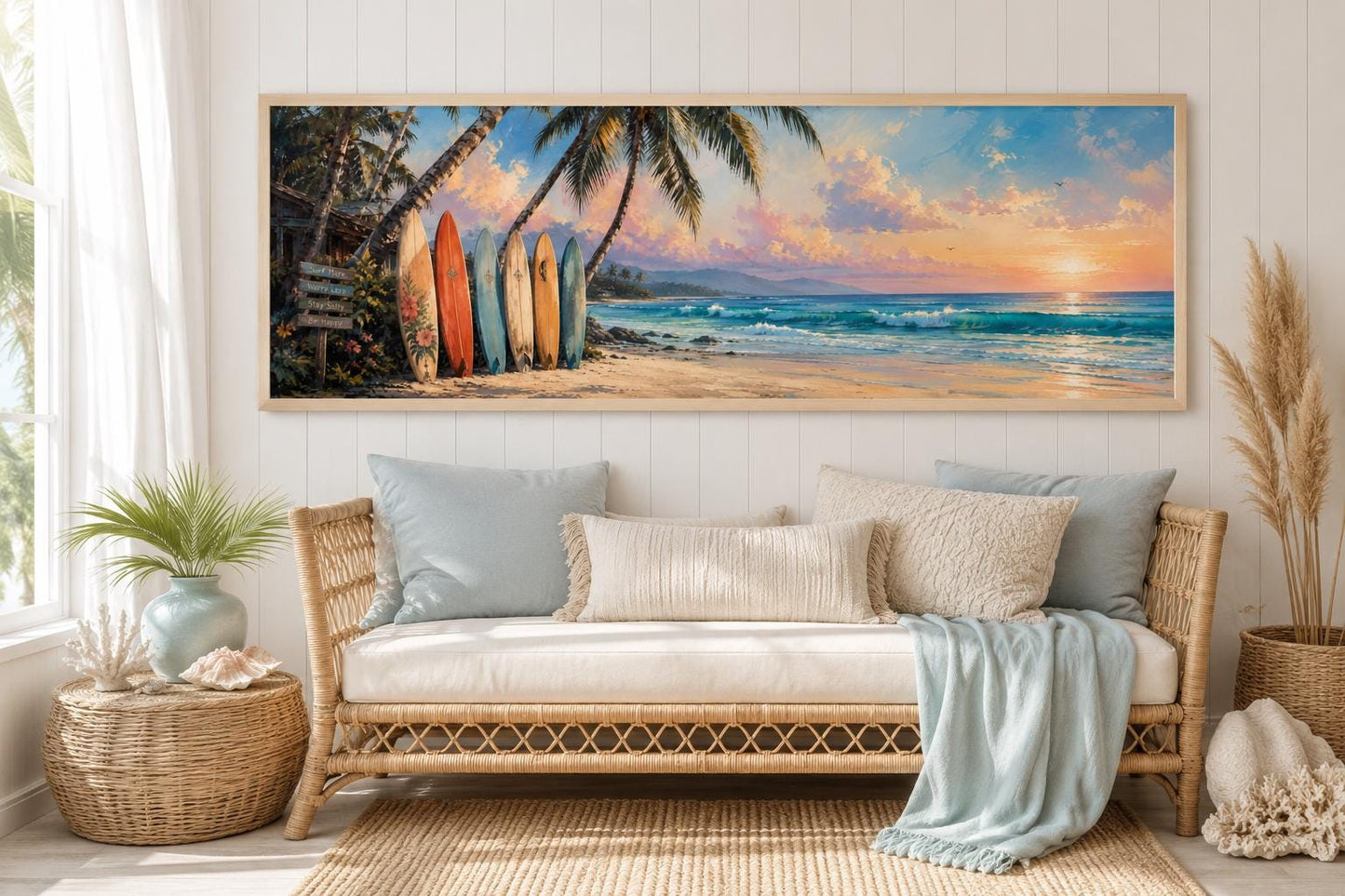 Colorful Surfboards on Beach at Sunset Tropical Horizontal Canvas Wall art