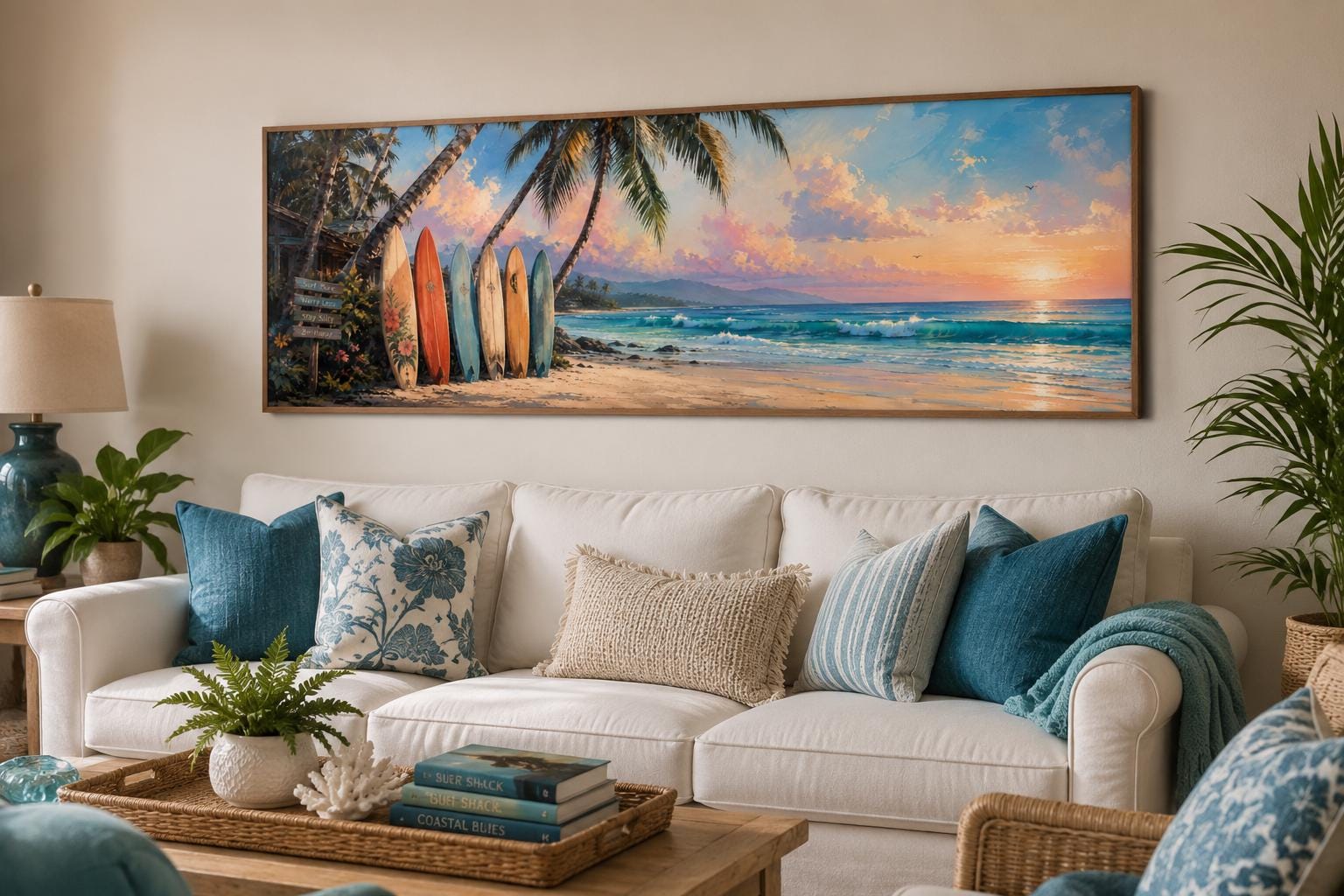 Colorful Surfboards on Beach at Sunset Tropical Horizontal Canvas Wall art