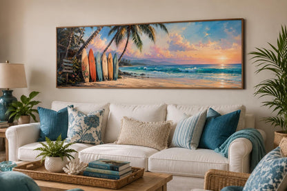 Colorful Surfboards on Beach at Sunset Tropical Horizontal Canvas Wall art