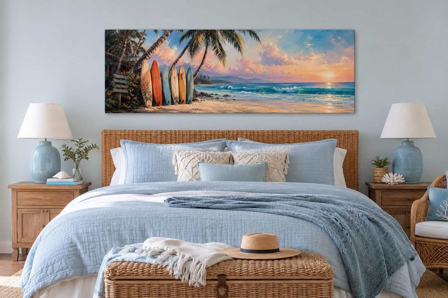 Colorful Surfboards on Beach at Sunset Tropical Horizontal Canvas Wall art