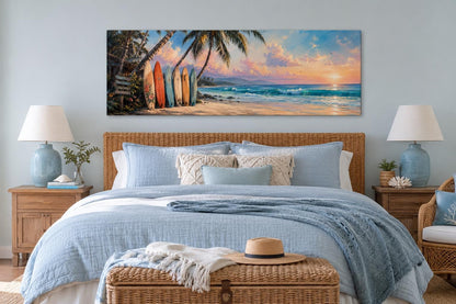 Colorful Surfboards on Beach at Sunset Tropical Horizontal Canvas Wall art
