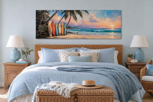 Colorful Surfboards on Beach at Sunset Tropical Horizontal Canvas Wall art