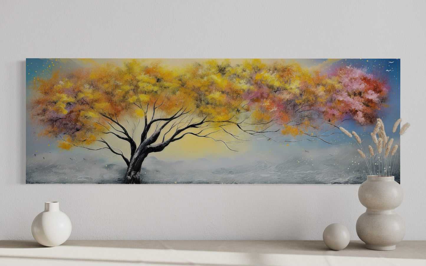 Colorful Tree Pink Blue Yellow Over Bed Horizontal Framed Canvas Wall Art