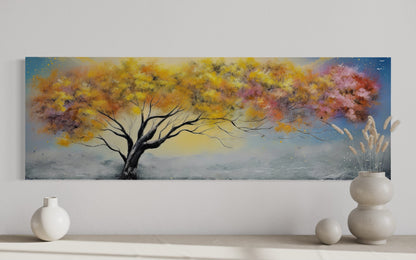 Colorful Tree Pink Blue Yellow Over Bed Horizontal Framed Canvas Wall Art