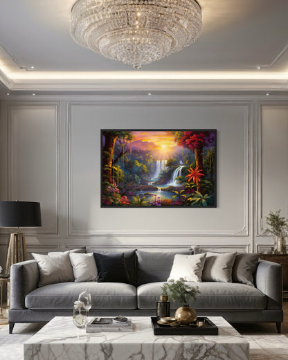 Colorful Tropical Rainforest Waterfall And Flowers Framed Canvas Wall Art