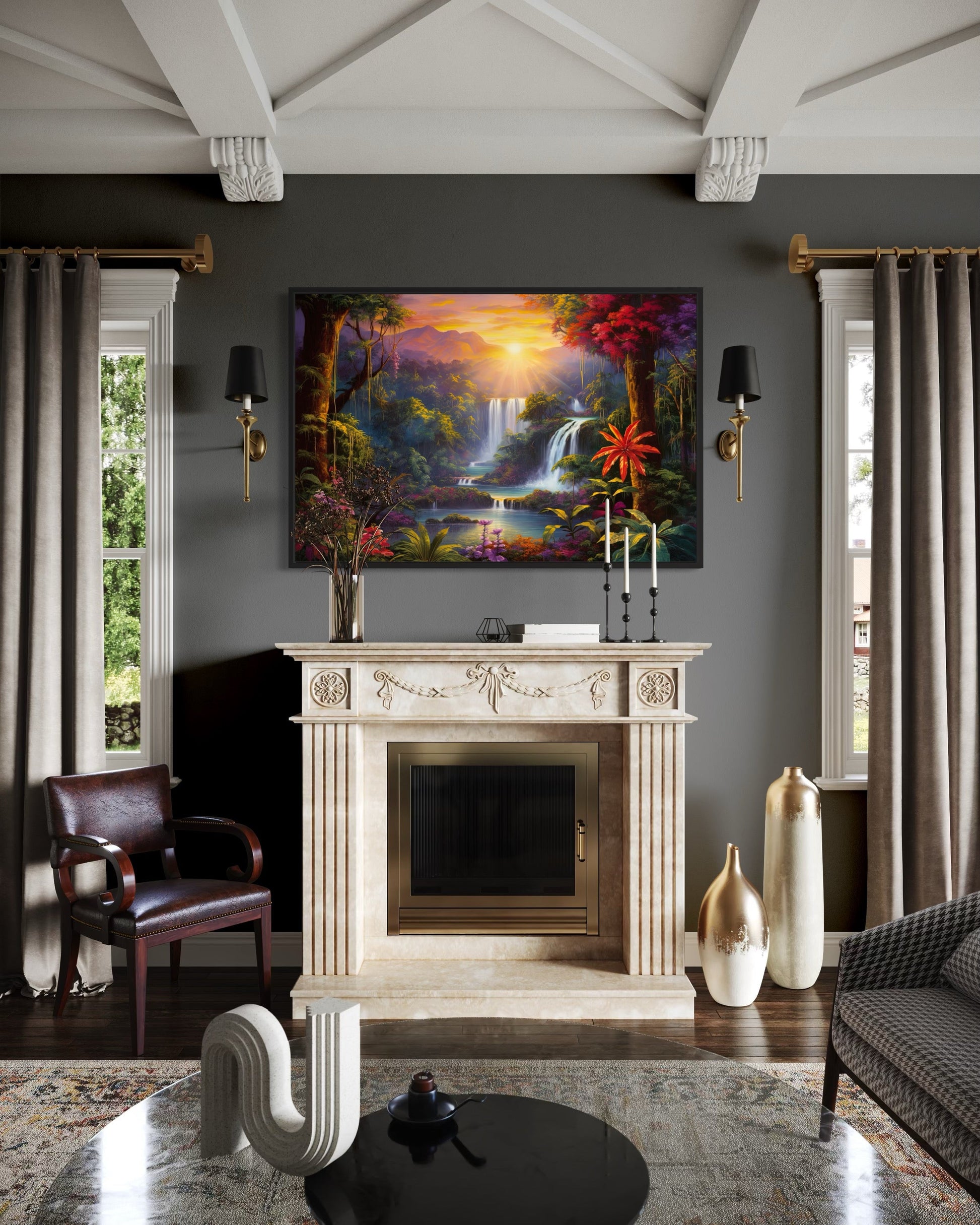 Colorful Tropical Rainforest Waterfall And Flowers Framed Canvas Wall Art